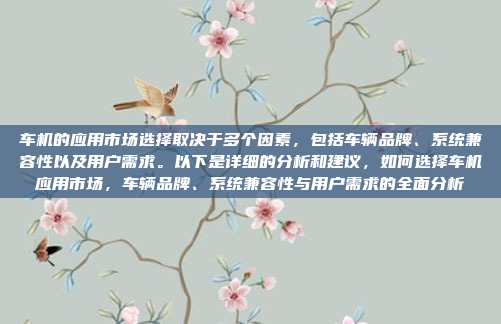 车机的应用市场选择取决于多个因素，包括车辆品牌、系统兼容性以及用户需求。以下是详细的分析和建议，如何选择车机应用市场，车辆品牌、系统兼容性与用户需求的全面分析