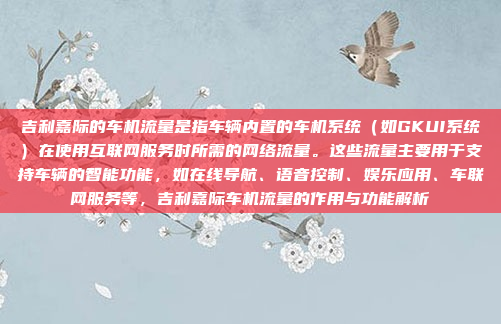 吉利嘉际的车机流量是指车辆内置的车机系统（如GKUI系统）在使用互联网服务时所需的网络流量。这些流量主要用于支持车辆的智能功能，如在线导航、语音控制、娱乐应用、车联网服务等，吉利嘉际车机流量的作用与功能解析