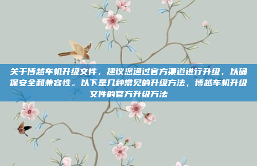 关于博越车机升级文件，建议您通过官方渠道进行升级，以确保安全和兼容性。以下是几种常见的升级方法，博越车机升级文件的官方升级方法