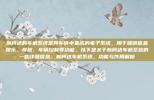 斯柯达的车机系统是其车辆中集成的电子系统，用于提供信息娱乐、导航、车辆控制等功能。以下是关于斯柯达车机系统的一些详细信息，斯柯达车机系统，功能与作用解析
