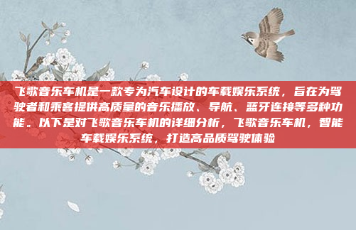 飞歌音乐车机是一款专为汽车设计的车载娱乐系统，旨在为驾驶者和乘客提供高质量的音乐播放、导航、蓝牙连接等多种功能。以下是对飞歌音乐车机的详细分析，飞歌音乐车机，智能车载娱乐系统，打造高品质驾驶体验