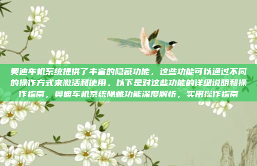 奥迪车机系统提供了丰富的隐藏功能，这些功能可以通过不同的操作方式来激活和使用。以下是对这些功能的详细说明和操作指南，奥迪车机系统隐藏功能深度解析，实用操作指南