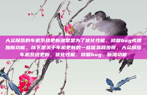 大众探岳的车机系统更新通常是为了优化性能、修复bug或增加新功能。以下是关于车机更新的一些信息和步骤，大众探岳车机系统更新，优化性能、修复bug、新增功能