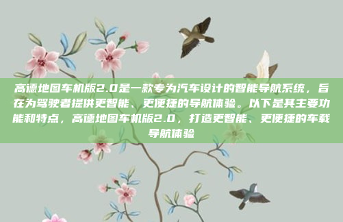 高德地图车机版2.0是一款专为汽车设计的智能导航系统，旨在为驾驶者提供更智能、更便捷的导航体验。以下是其主要功能和特点，高德地图车机版2.0，打造更智能、更便捷的车载导航体验
