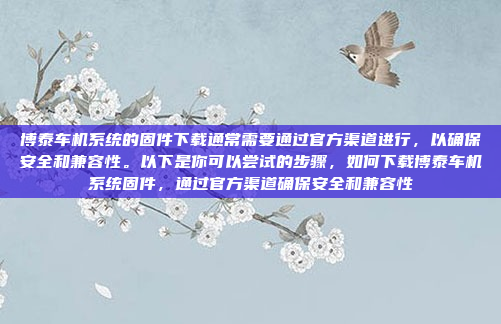 博泰车机系统的固件下载通常需要通过官方渠道进行，以确保安全和兼容性。以下是你可以尝试的步骤，如何下载博泰车机系统固件，通过官方渠道确保安全和兼容性