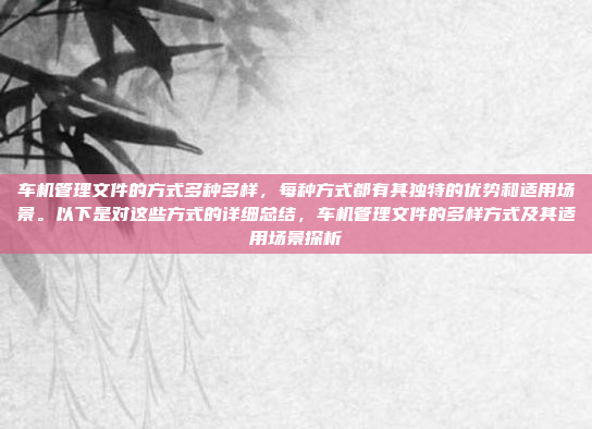 车机管理文件的方式多种多样，每种方式都有其独特的优势和适用场景。以下是对这些方式的详细总结，车机管理文件的多样方式及其适用场景探析