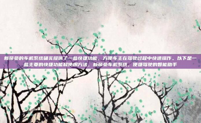 新帝豪的车机系统确实提供了一些快捷功能，方便车主在驾驶过程中快速操作。以下是一些主要的快捷功能和使用方法，新帝豪车机系统，便捷驾驶的智能助手