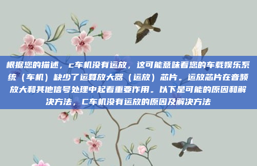 根据您的描述，c车机没有运放，这可能意味着您的车载娱乐系统（车机）缺少了运算放大器（运放）芯片。运放芯片在音频放大和其他信号处理中起着重要作用。以下是可能的原因和解决方法，C车机没有运放的原因及解决方法