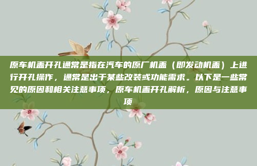原车机盖开孔通常是指在汽车的原厂机盖（即发动机盖）上进行开孔操作，通常是出于某些改装或功能需求。以下是一些常见的原因和相关注意事项，原车机盖开孔解析，原因与注意事项
