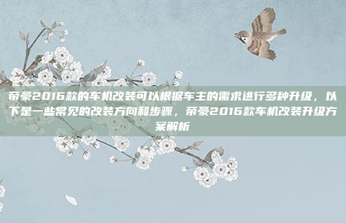 帝豪2016款的车机改装可以根据车主的需求进行多种升级，以下是一些常见的改装方向和步骤，帝豪2016款车机改装升级方案解析