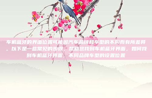 车机蓝牙的界面位置可能因汽车品牌和车型的不同而有所差异。以下是一些常见的步骤，帮助您找到车机蓝牙界面，如何找到车机蓝牙界面，不同品牌车型的设置位置