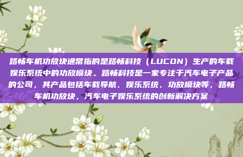路畅车机功放块通常指的是路畅科技（LUCON）生产的车载娱乐系统中的功放模块。路畅科技是一家专注于汽车电子产品的公司，其产品包括车载导航、娱乐系统、功放模块等，路畅车机功放块，汽车电子娱乐系统的创新解决方案