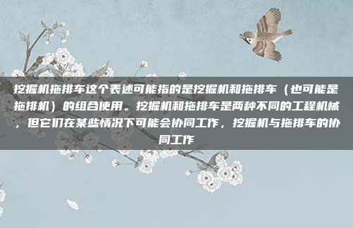 挖掘机拖排车这个表述可能指的是挖掘机和拖排车（也可能是拖排机）的组合使用。挖掘机和拖排车是两种不同的工程机械，但它们在某些情况下可能会协同工作，挖掘机与拖排车的协同工作