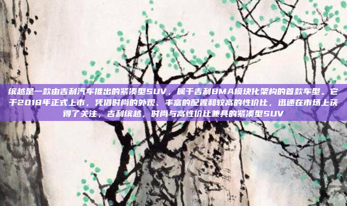 缤越是一款由吉利汽车推出的紧凑型SUV，属于吉利BMA模块化架构的首款车型。它于2018年正式上市，凭借时尚的外观、丰富的配置和较高的性价比，迅速在市场上获得了关注，吉利缤越，时尚与高性价比兼具的紧凑型SUV