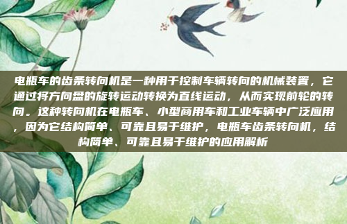 电瓶车的齿条转向机是一种用于控制车辆转向的机械装置，它通过将方向盘的旋转运动转换为直线运动，从而实现前轮的转向。这种转向机在电瓶车、小型商用车和工业车辆中广泛应用，因为它结构简单、可靠且易于维护，电瓶车齿条转向机，结构简单、可靠且易于维护的应用解析
