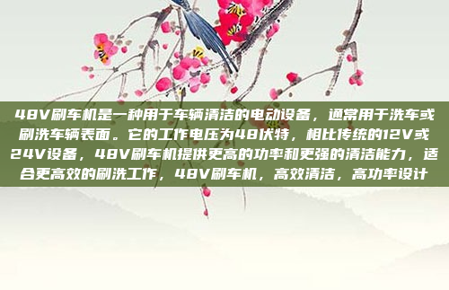 48V刷车机是一种用于车辆清洁的电动设备，通常用于洗车或刷洗车辆表面。它的工作电压为48伏特，相比传统的12V或24V设备，48V刷车机提供更高的功率和更强的清洁能力，适合更高效的刷洗工作，48V刷车机，高效清洁，高功率设计