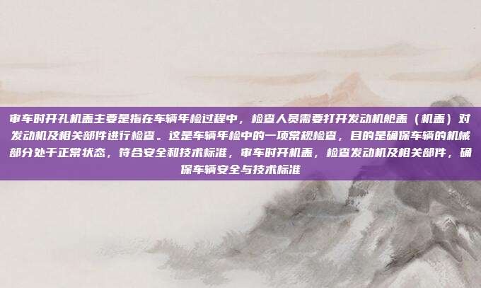 审车时开孔机盖主要是指在车辆年检过程中，检查人员需要打开发动机舱盖（机盖）对发动机及相关部件进行检查。这是车辆年检中的一项常规检查，目的是确保车辆的机械部分处于正常状态，符合安全和技术标准，审车时开机盖，检查发动机及相关部件，确保车辆安全与技术标准