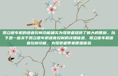 凯立德车机的语音控制功能确实为驾驶者提供了很大的便利。以下是一些关于凯立德车机语音控制的详细信息，凯立德车机语音控制功能，为驾驶者带来便捷体验