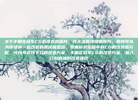 关于丰田花冠车CD机改装的图片，我无法直接提供图片，但我可以为你提供一些改装的建议和思路。如果你对花冠车的CD机改装感兴趣，可以考虑以下几种改装方案，丰田花冠车CD机改装方案，从入门到精通的改装建议