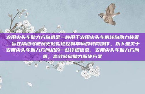 农用尖头车助力方向机是一种用于农用尖头车的转向助力装置,旨在帮助驾驶员更轻松地控制车辆的转向操作。以下是关于农用尖头车助力方向机的一些详细信息,农用尖头车助力方向机,高效转向助力解决方案