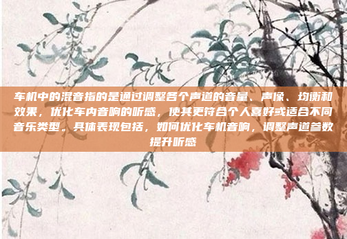 车机中的混音指的是通过调整各个声道的音量、声像、均衡和效果，优化车内音响的听感，使其更符合个人喜好或适合不同音乐类型。具体表现包括，如何优化车机音响，调整声道参数提升听感