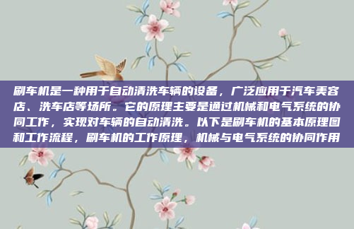 刷车机是一种用于自动清洗车辆的设备，广泛应用于汽车美容店、洗车店等场所。它的原理主要是通过机械和电气系统的协同工作，实现对车辆的自动清洗。以下是刷车机的基本原理图和工作流程，刷车机的工作原理，机械与电气系统的协同作用