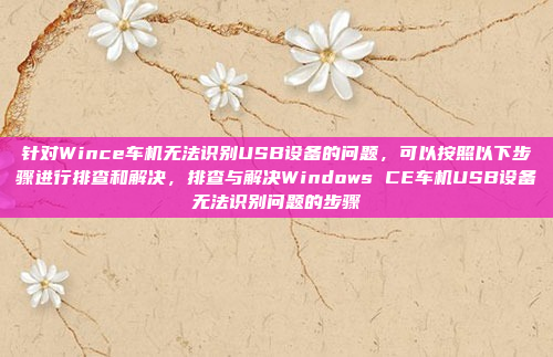 针对Wince车机无法识别USB设备的问题，可以按照以下步骤进行排查和解决，排查与解决Windows CE车机USB设备无法识别问题的步骤