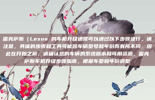 雷克萨斯（Lexus 的车机升级通常可以通过以下步骤进行。请注意，具体的步骤和工具可能因车辆型号和年份而有所不同，因此在开始之前，请确认您的车辆的系统版本和可用资源，雷克萨斯车机升级步骤指南，根据车型和年份调整