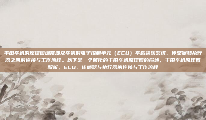 丰田车机的原理图通常涉及车辆的电子控制单元（ECU）车载娱乐系统、传感器和执行器之间的连接与工作流程。以下是一个简化的丰田车机原理图的描述，丰田车机原理图解析，ECU、传感器与执行器的连接与工作流程
