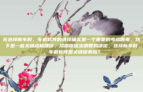在选择新车时,车机软件的选择确实是一个重要的考虑因素。以下是一些关键点和建议,帮助你做出明智的决定,选择新车时,车机软件是关键因素吗?