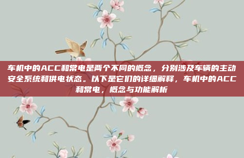 车机中的ACC和常电是两个不同的概念，分别涉及车辆的主动安全系统和供电状态。以下是它们的详细解释，车机中的ACC和常电，概念与功能解析