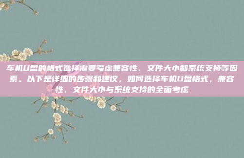 车机U盘的格式选择需要考虑兼容性、文件大小和系统支持等因素。以下是详细的步骤和建议,如何选择车机U盘格式,兼容性、文件大小与系统支持的全面考虑