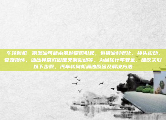 车转向机一侧漏油可能由多种原因引起，包括油封老化、接头松动、管路损坏、油压异常或固定支架松动等。为确保行车安全，建议采取以下步骤，汽车转向机漏油原因及解决方法