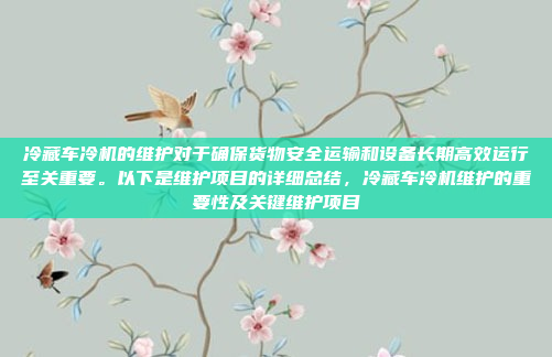 冷藏车冷机的维护对于确保货物安全运输和设备长期高效运行至关重要。以下是维护项目的详细总结,冷藏车冷机维护的重要性及关键维护项目