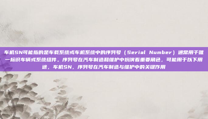 车机SN可能指的是车载系统或车机系统中的序列号（Serial Number）通常用于唯一标识车辆或系统组件。序列号在汽车制造和维护中扮演着重要角色，可能用于以下用途，车机SN，序列号在汽车制造与维护中的关键作用