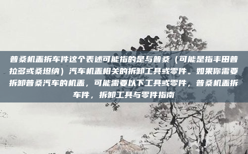 普桑机盖拆车件这个表述可能指的是与普桑(可能是指丰田普拉多或桑坦纳)汽车机盖相关的拆卸工具或零件。如果你需要拆卸普桑汽车的机盖,可能需要以下工具或零件,普桑机盖拆车件,拆卸工具与零件指南