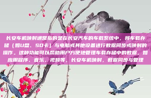 长安车机映射通常指的是在长安汽车的车载系统中，将车载存储（如U盘、SD卡）与电脑或其他设备进行数据同步或映射的操作。这种功能可以帮助用户方便地管理车载存储中的数据，如应用程序、音乐、视频等，长安车机映射，数据同步与管理