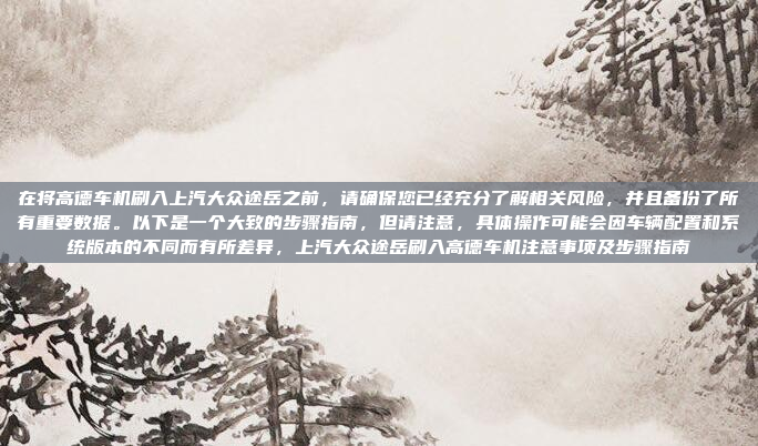 在将高德车机刷入上汽大众途岳之前，请确保您已经充分了解相关风险，并且备份了所有重要数据。以下是一个大致的步骤指南，但请注意，具体操作可能会因车辆配置和系统版本的不同而有所差异，上汽大众途岳刷入高德车机注意事项及步骤指南