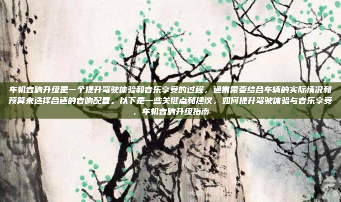 车机音响升级是一个提升驾驶体验和音乐享受的过程，通常需要结合车辆的实际情况和预算来选择合适的音响配置。以下是一些关键点和建议，如何提升驾驶体验与音乐享受，车机音响升级指南