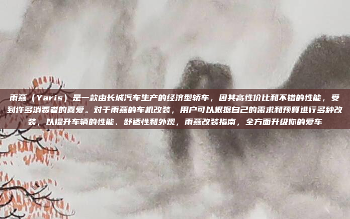 雨燕（Yaris）是一款由长城汽车生产的经济型轿车，因其高性价比和不错的性能，受到许多消费者的喜爱。对于雨燕的车机改装，用户可以根据自己的需求和预算进行多种改装，以提升车辆的性能、舒适性和外观，雨燕改装指南，全方面升级你的爱车
