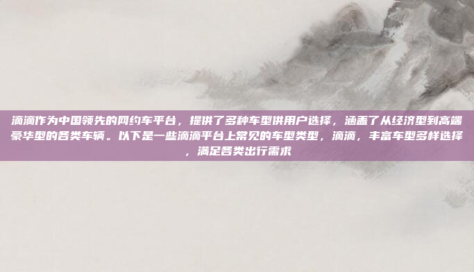滴滴作为中国领先的网约车平台，提供了多种车型供用户选择，涵盖了从经济型到高端豪华型的各类车辆。以下是一些滴滴平台上常见的车型类型，滴滴，丰富车型多样选择，满足各类出行需求
