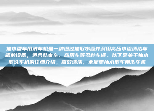 抽水型车用洗车机是一种通过抽取水源并利用高压水流清洁车辆的设备,适合私家车、商用车等多种车辆。以下是关于抽水型洗车机的详细介绍,高效清洁,全能型抽水型车用洗车机