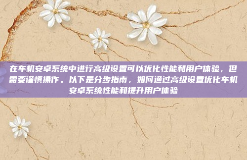 在车机安卓系统中进行高级设置可以优化性能和用户体验,但需要谨慎操作。以下是分步指南,如何通过高级设置优化车机安卓系统性能和提升用户体验
