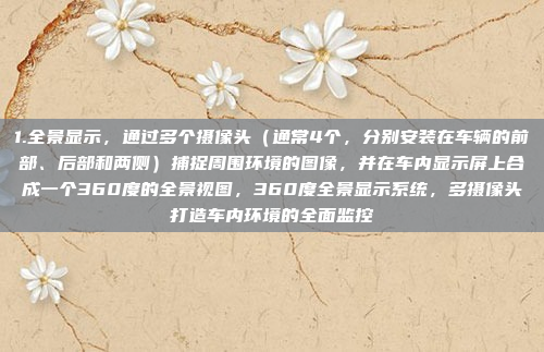 1.全景显示，通过多个摄像头（通常4个，分别安装在车辆的前部、后部和两侧）捕捉周围环境的图像，并在车内显示屏上合成一个360度的全景视图，360度全景显示系统，多摄像头打造车内环境的全面监控