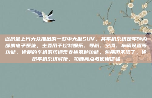 途昂是上汽大众推出的一款中大型SUV，其车机系统是车辆内部的电子系统，主要用于控制娱乐、导航、空调、车辆设置等功能。途昂的车机系统通常支持多种功能，包括但不限于，途昂车机系统解析，功能亮点与使用体验