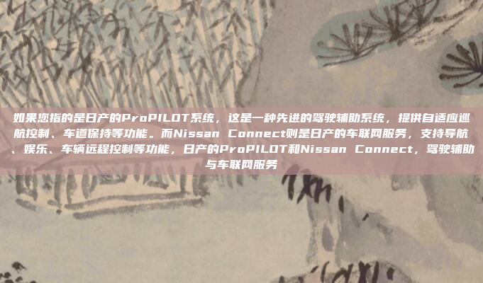 如果您指的是日产的ProPILOT系统，这是一种先进的驾驶辅助系统，提供自适应巡航控制、车道保持等功能。而Nissan Connect则是日产的车联网服务，支持导航、娱乐、车辆远程控制等功能，日产的ProPILOT和Nissan Connect，驾驶辅助与车联网服务
