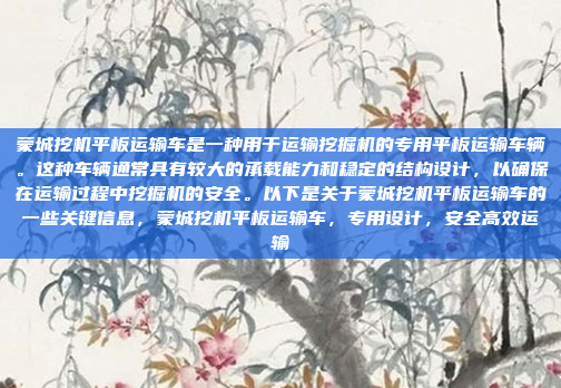 蒙城挖机平板运输车是一种用于运输挖掘机的专用平板运输车辆。这种车辆通常具有较大的承载能力和稳定的结构设计,以确保在运输过程中挖掘机的安全。以下是关于蒙城挖机平板运输车的一些关键信息,蒙城挖机平板运输车,专用设计,安全高效运输