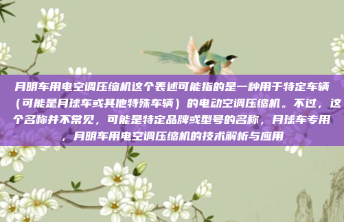 月明车用电空调压缩机这个表述可能指的是一种用于特定车辆(可能是月球车或其他特殊车辆)的电动空调压缩机。不过,这个名称并不常见,可能是特定品牌或型号的名称,月球车专用,月明车用电空调压缩机的技术解析与应用