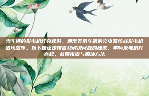 当车辆的发电机灯亮起时，通常表示车辆的充电系统或发电机出现故障。以下是逐步排查和解决问题的建议，车辆发电机灯亮起，故障排查与解决方法