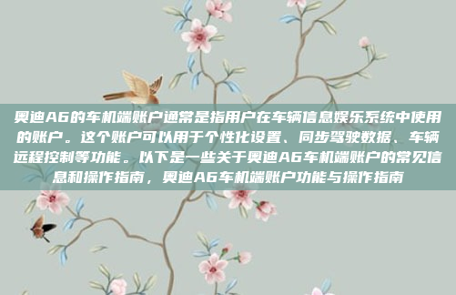 奥迪A6的车机端账户通常是指用户在车辆信息娱乐系统中使用的账户。这个账户可以用于个性化设置、同步驾驶数据、车辆远程控制等功能。以下是一些关于奥迪A6车机端账户的常见信息和操作指南,奥迪A6车机端账户功能与操作指南